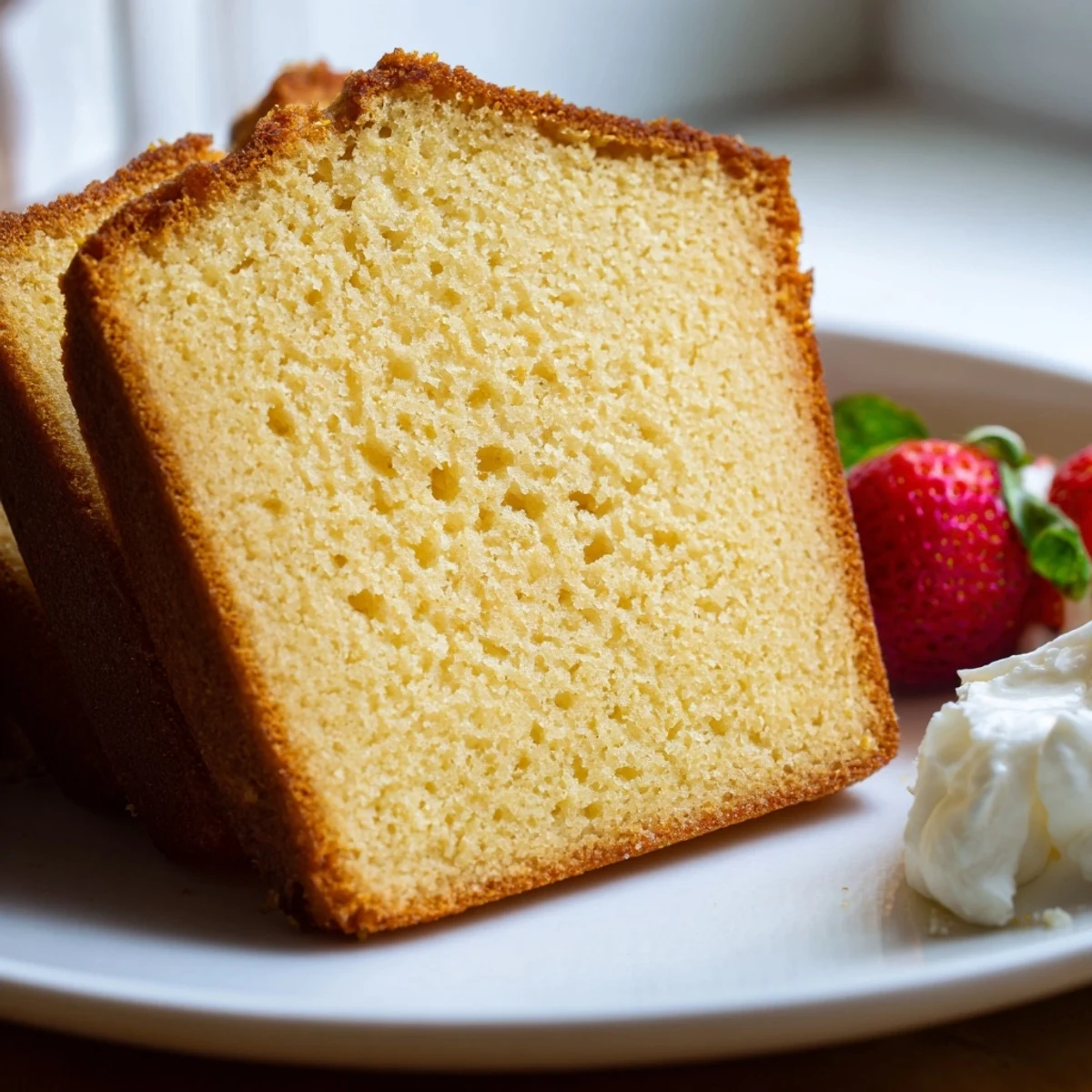 Thick slice of homemade pound cake drizzled with vanilla glaze and garnished with mint