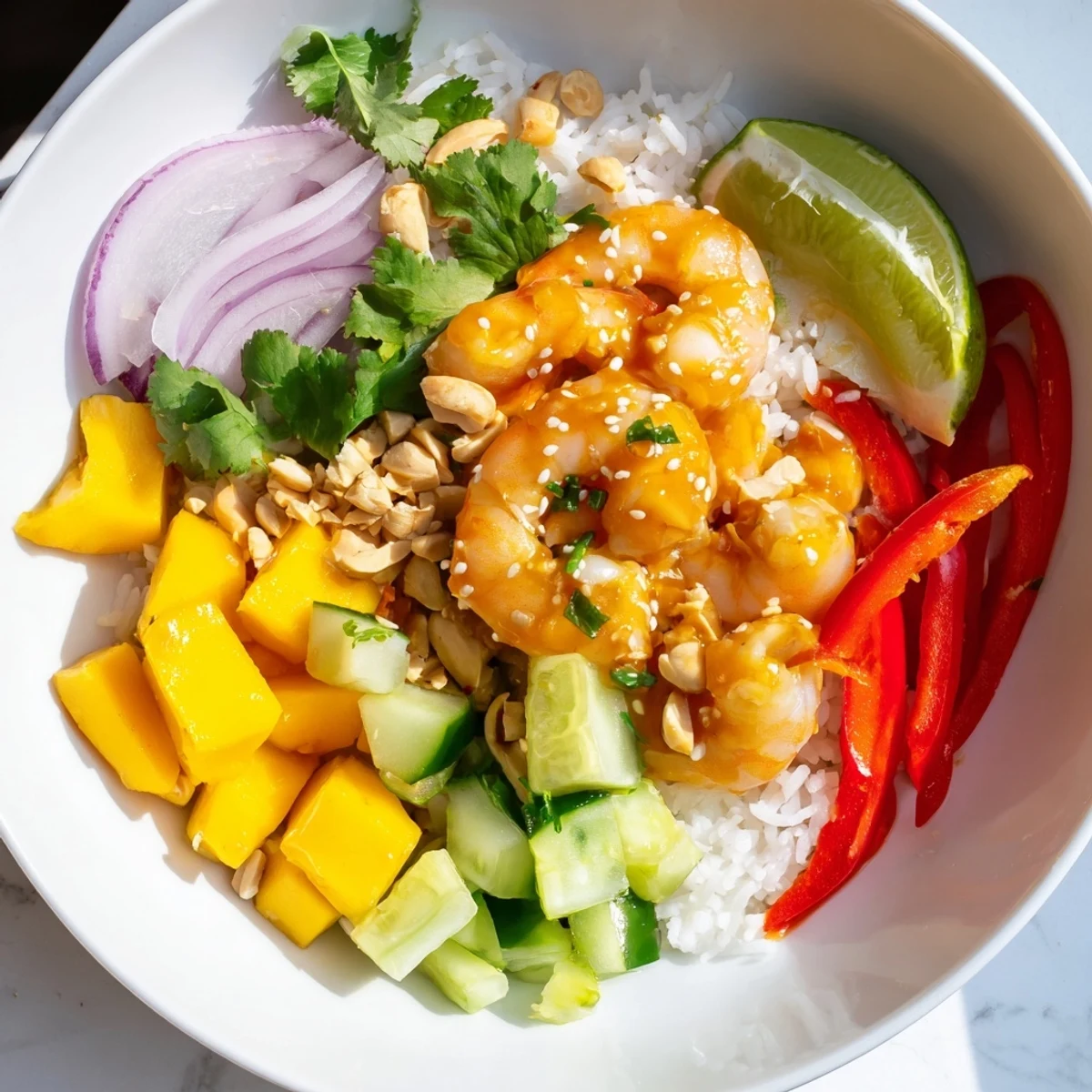 Sweet Chili Mango Shrimp Bowl served over jasmine rice with crisp vegetables and fresh lime wedges