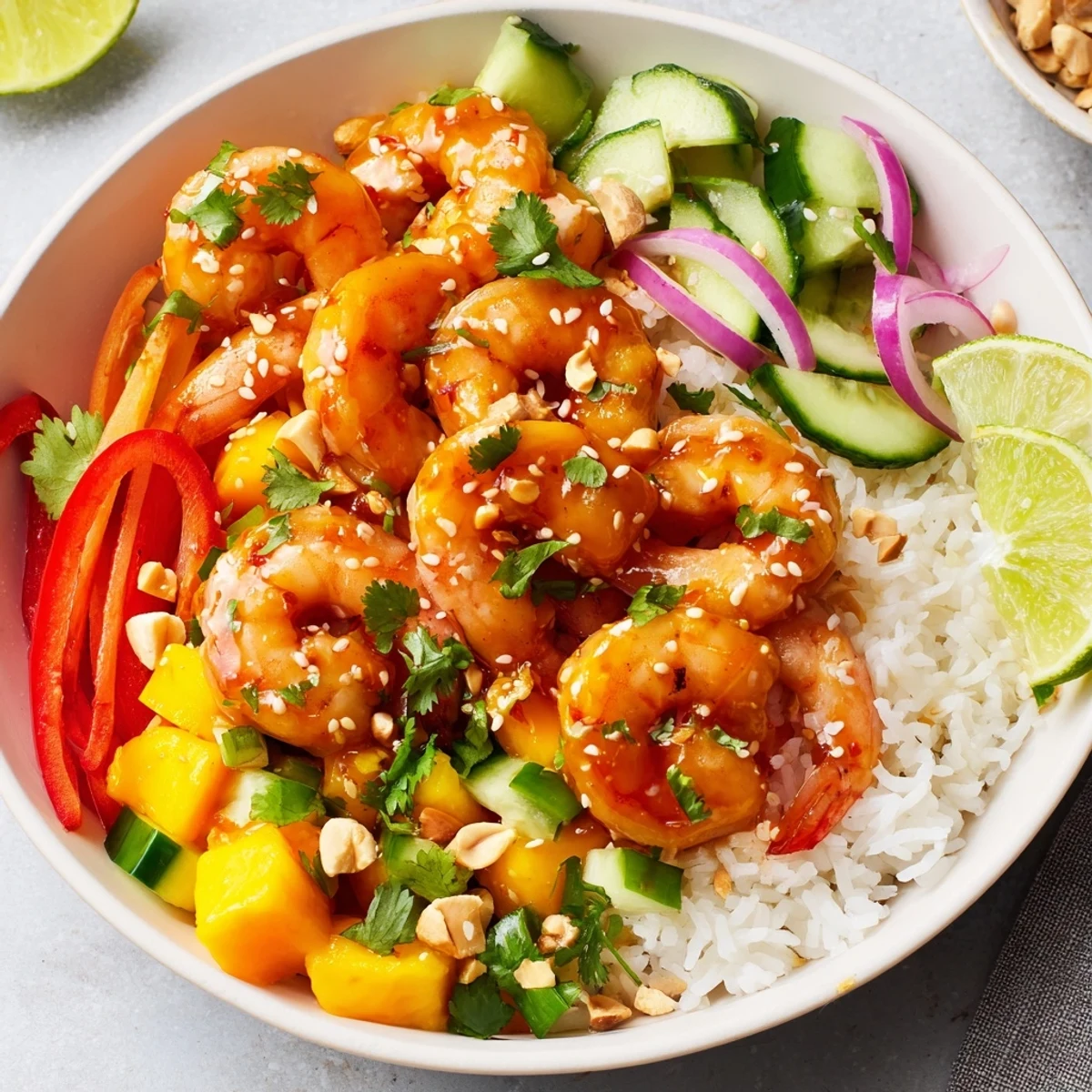 Colorful Sweet Chili Mango Shrimp Bowl featuring pink glazed shrimp, ripe mango chunks, and fluffy rice