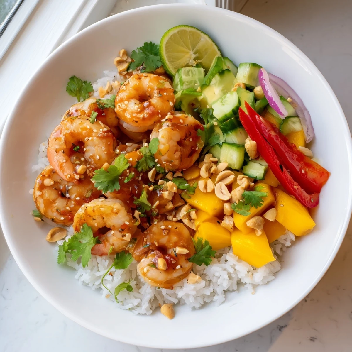 Glistening Sweet Chili Mango Shrimp Bowl topped with diced avocado, cilantro, and roasted peanuts