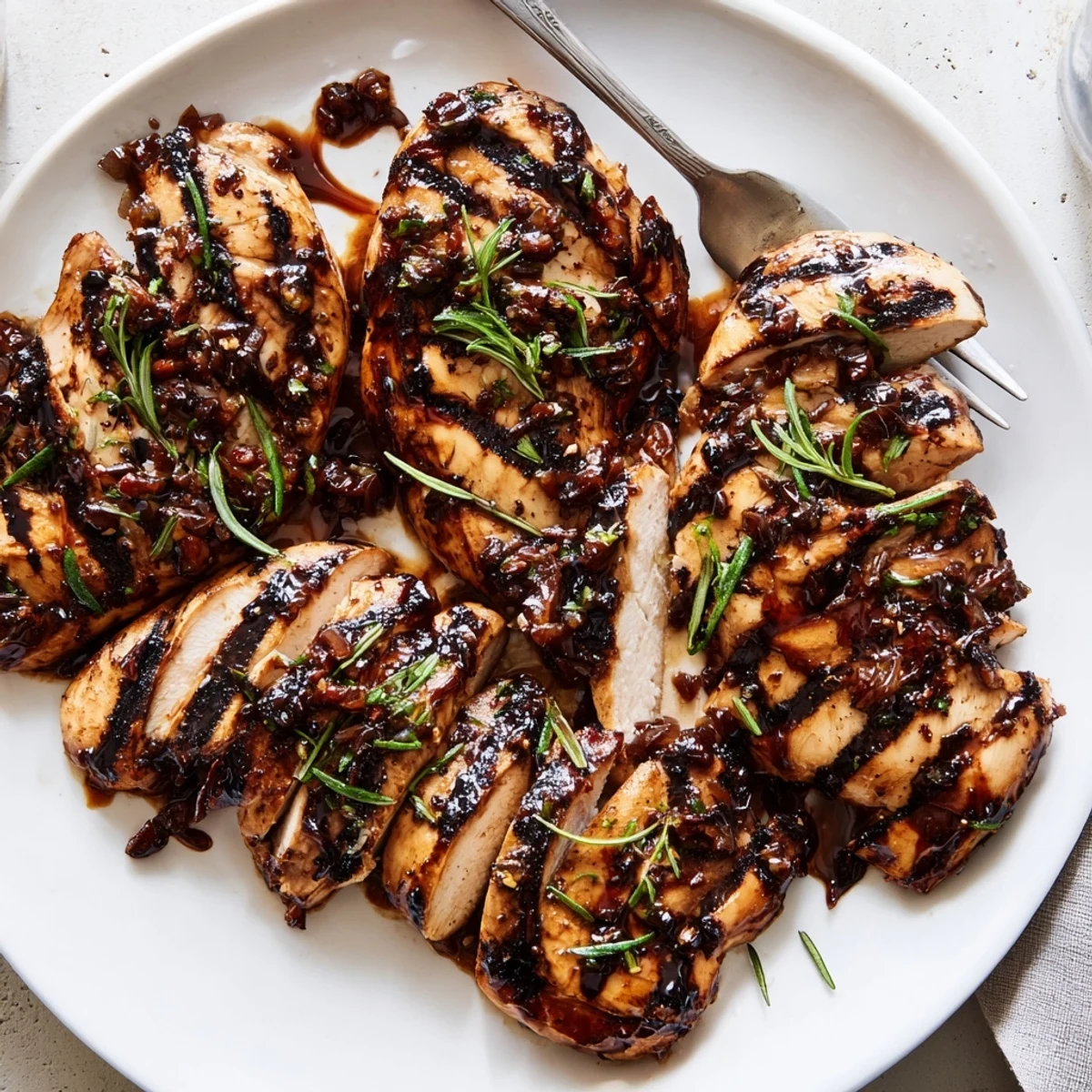 Tender Marinated Balsamic Chicken sliced on a platter with bright lemon wedges