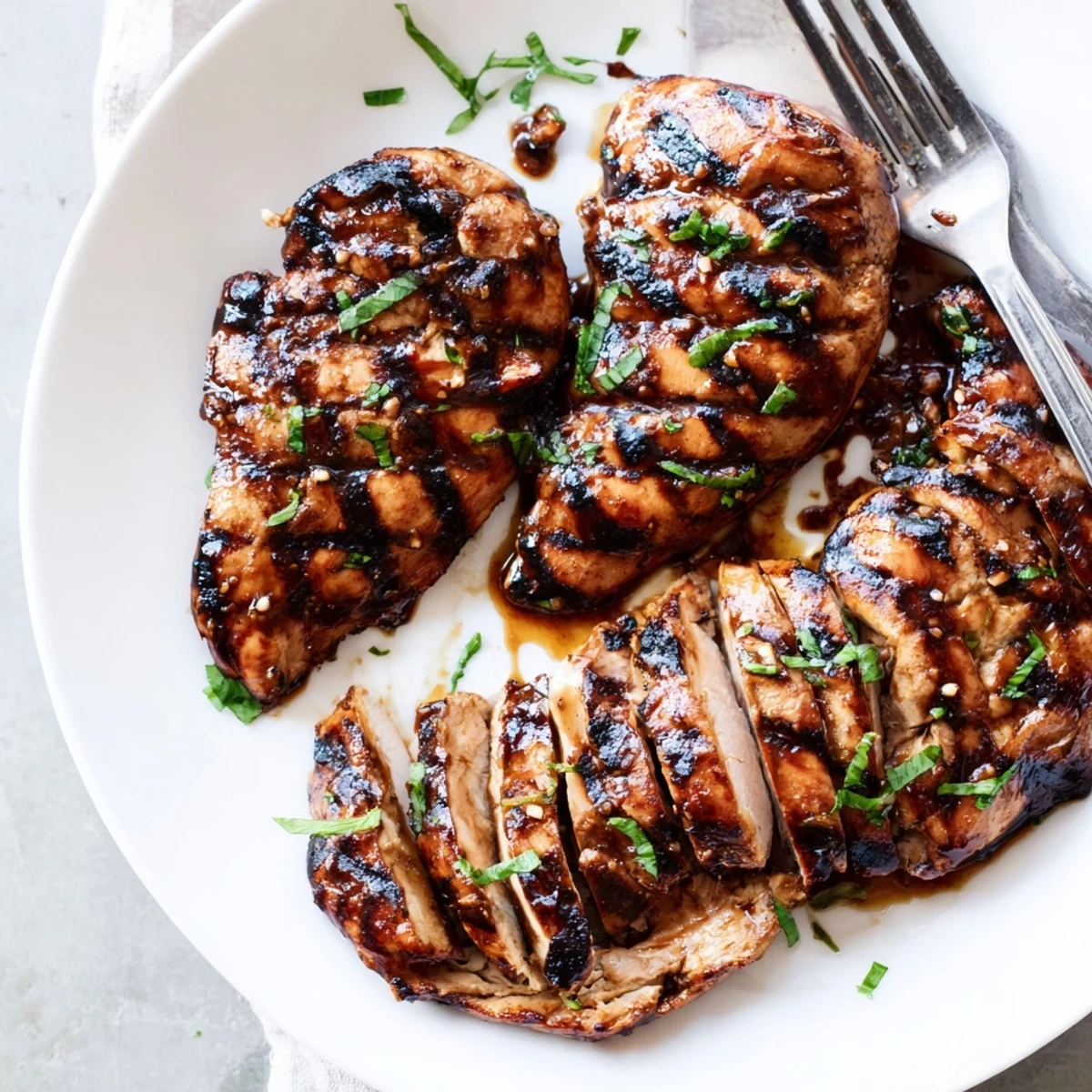 Caramelized Marinated Balsamic Chicken resting alongside roasted vegetables and chopped fresh parsley