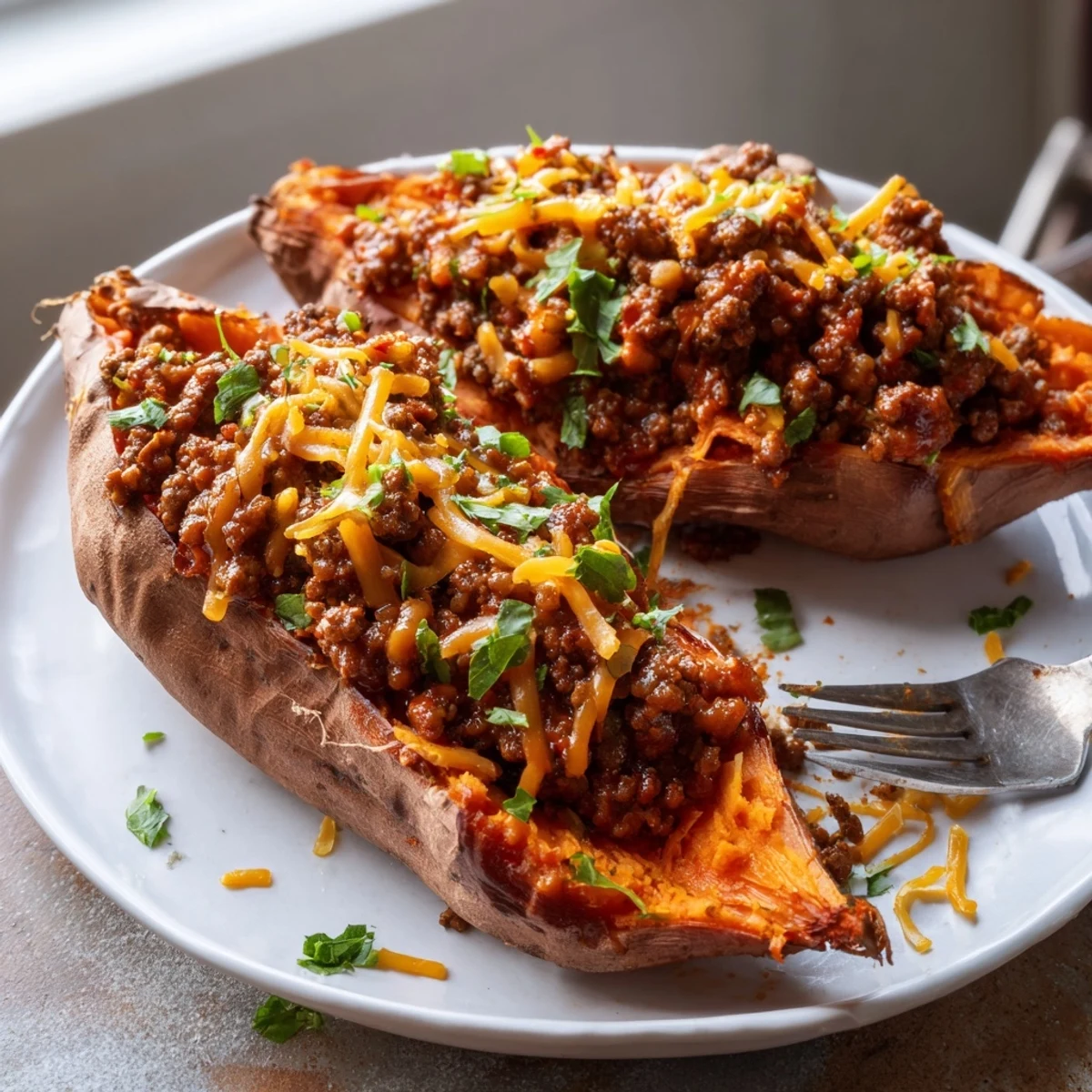 Hearty Sloppy Joe sweet potatoes topped with melted cheddar and fresh parsley