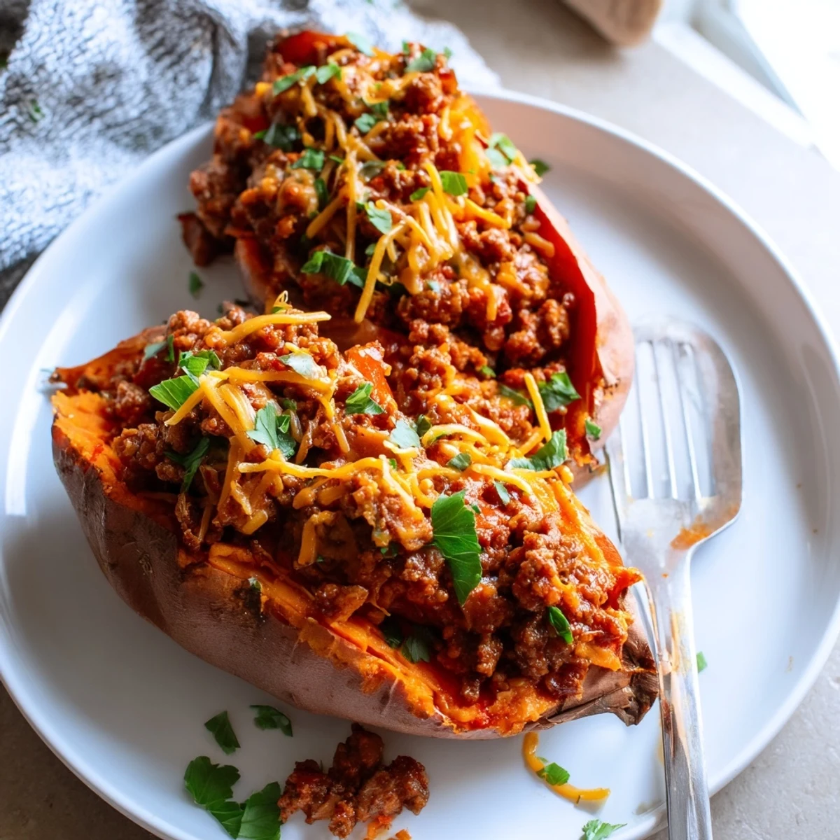 Savory spiced beef filling cascading over split roasted Sloppy Joe sweet potatoes