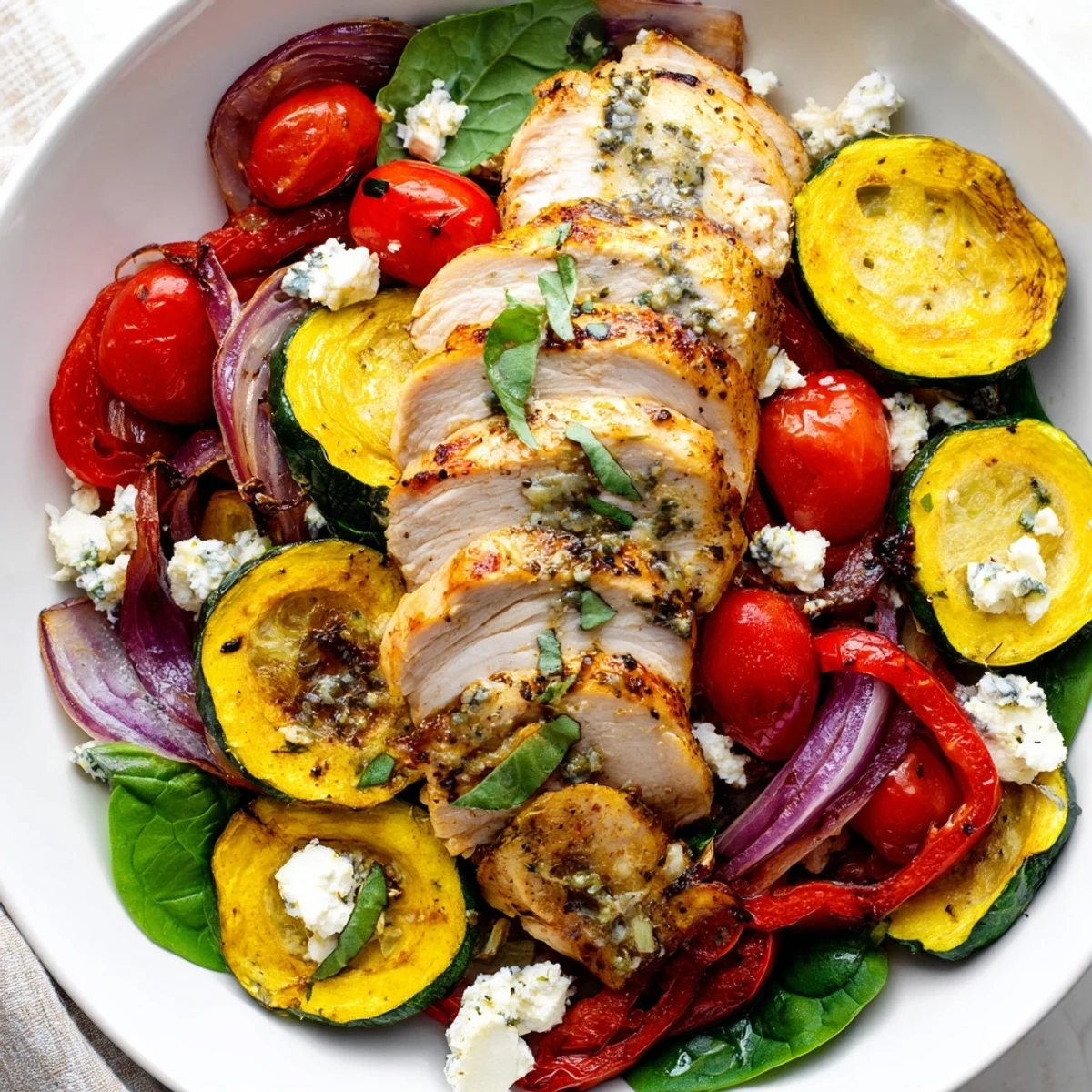 Juicy herb-marinated summer chicken bake topped with tender zucchini and tomatoes