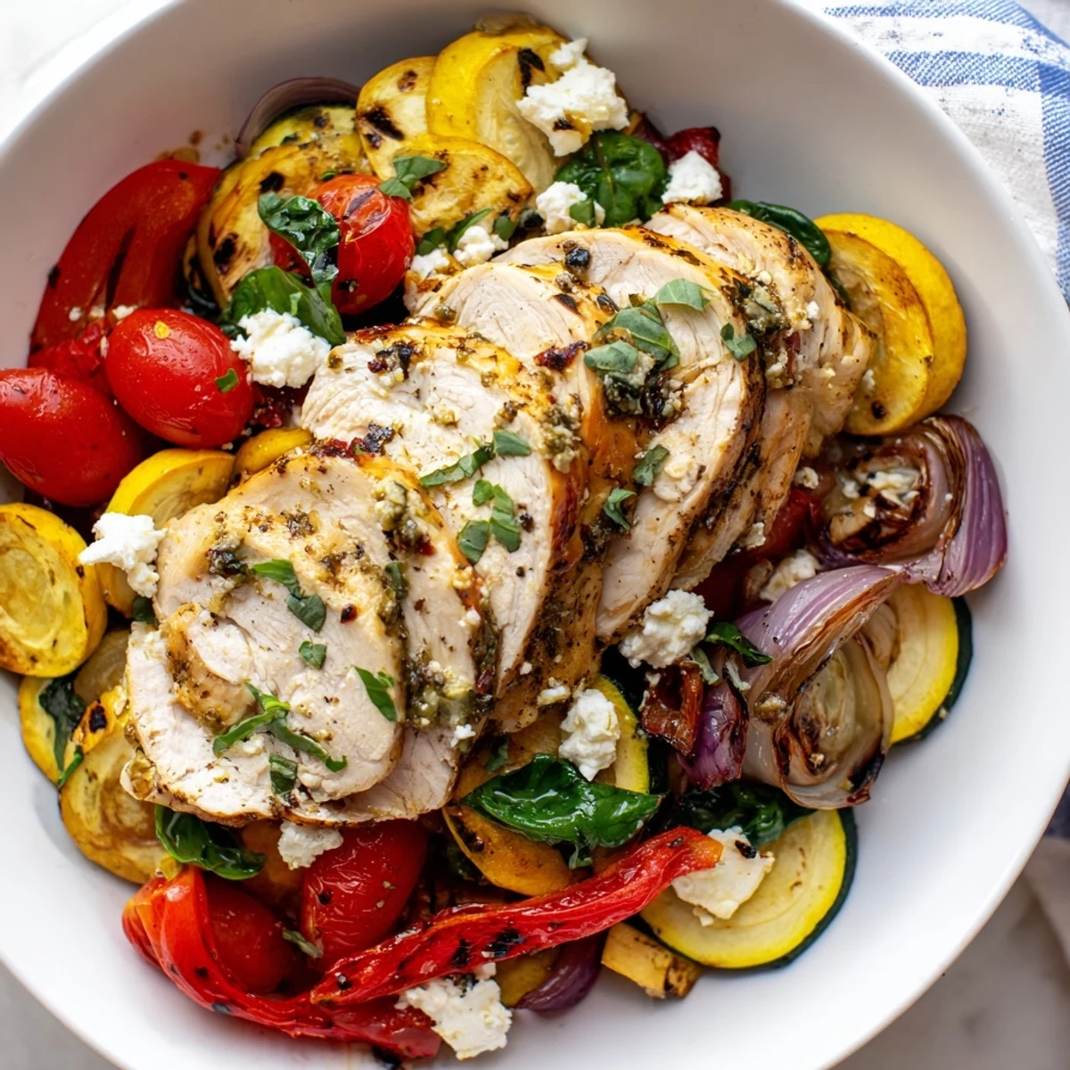 Golden summer chicken bake with roasted vegetables and crumbled feta cheese