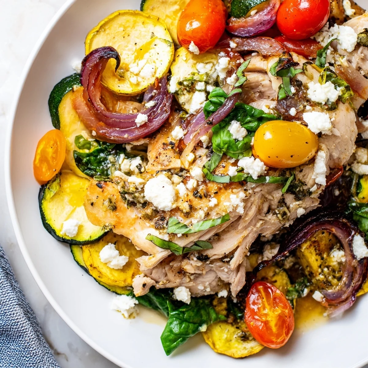 Bubbly summer chicken bake fresh from the oven garnished with basil leaves