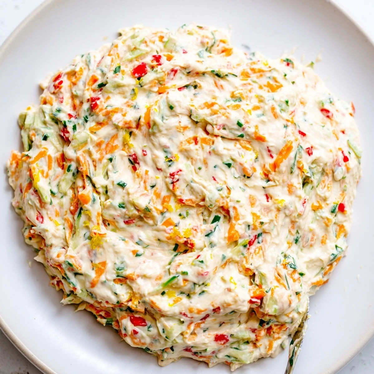 Creamy garden vegetable spread topped with colorful bell peppers on a rustic cracker