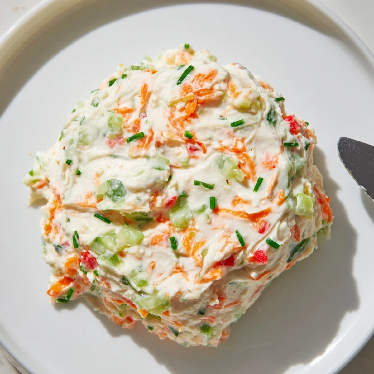 Smooth garden vegetable spread garnished with chives served alongside crispy crackers and raw veggies