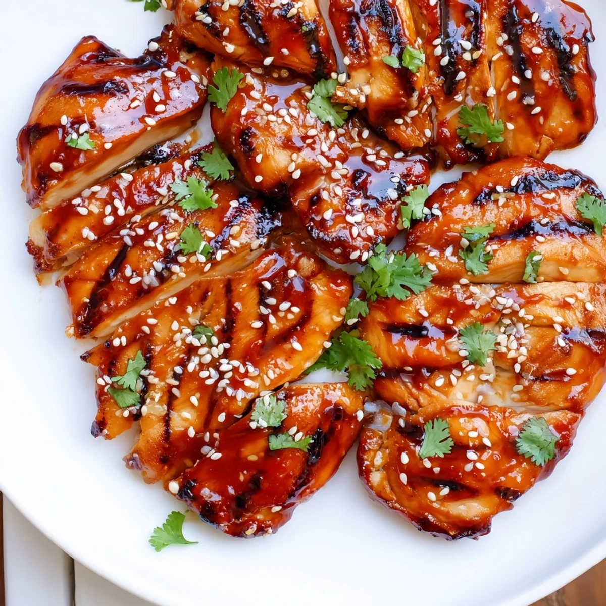 Charred Sweet Chili Grilled Chicken basted in tangy honey-chili sauce, resting on a wooden cutting board