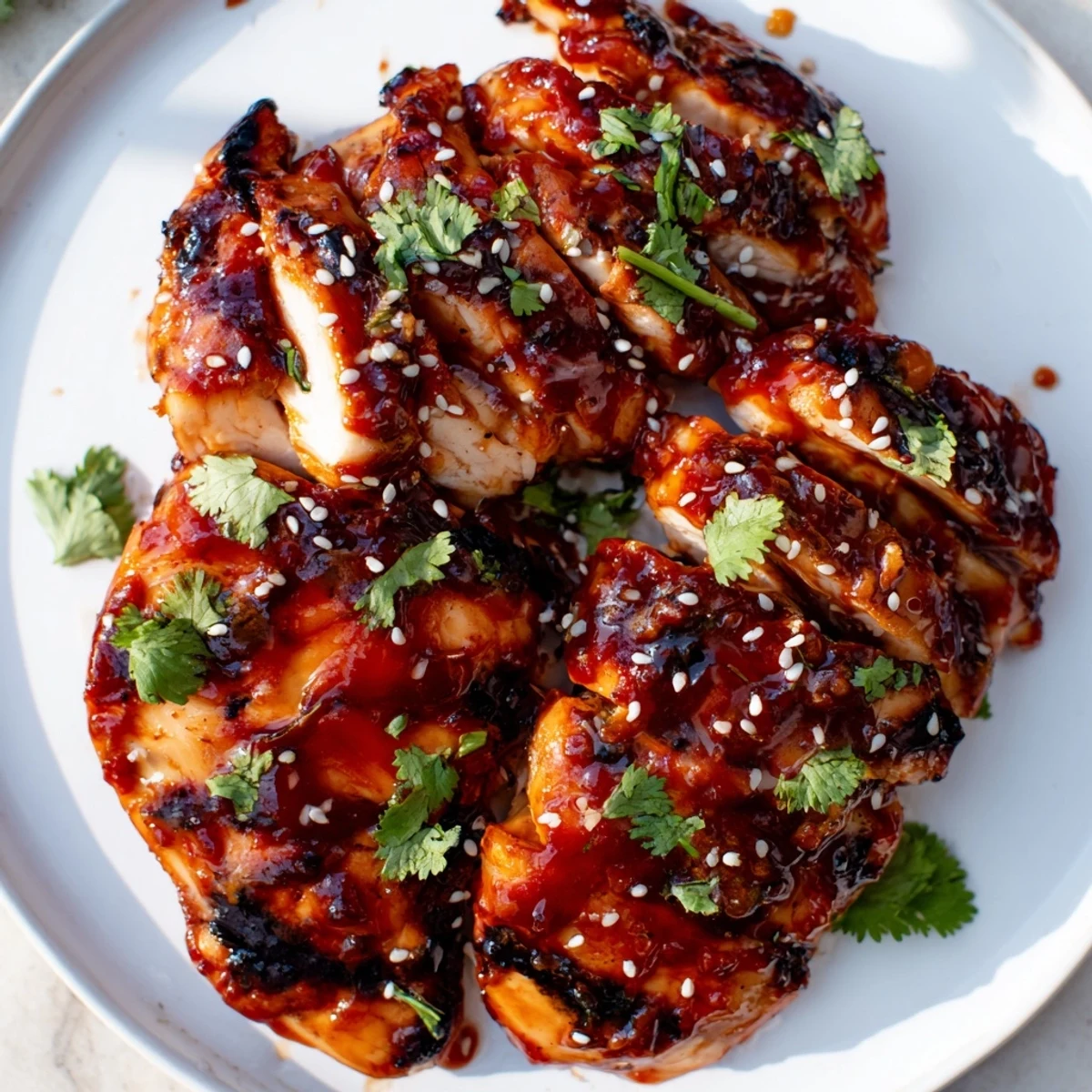Juicy Sweet Chili Grilled Chicken sliced open, drizzled with sticky sauce, served beside steamed jasmine rice