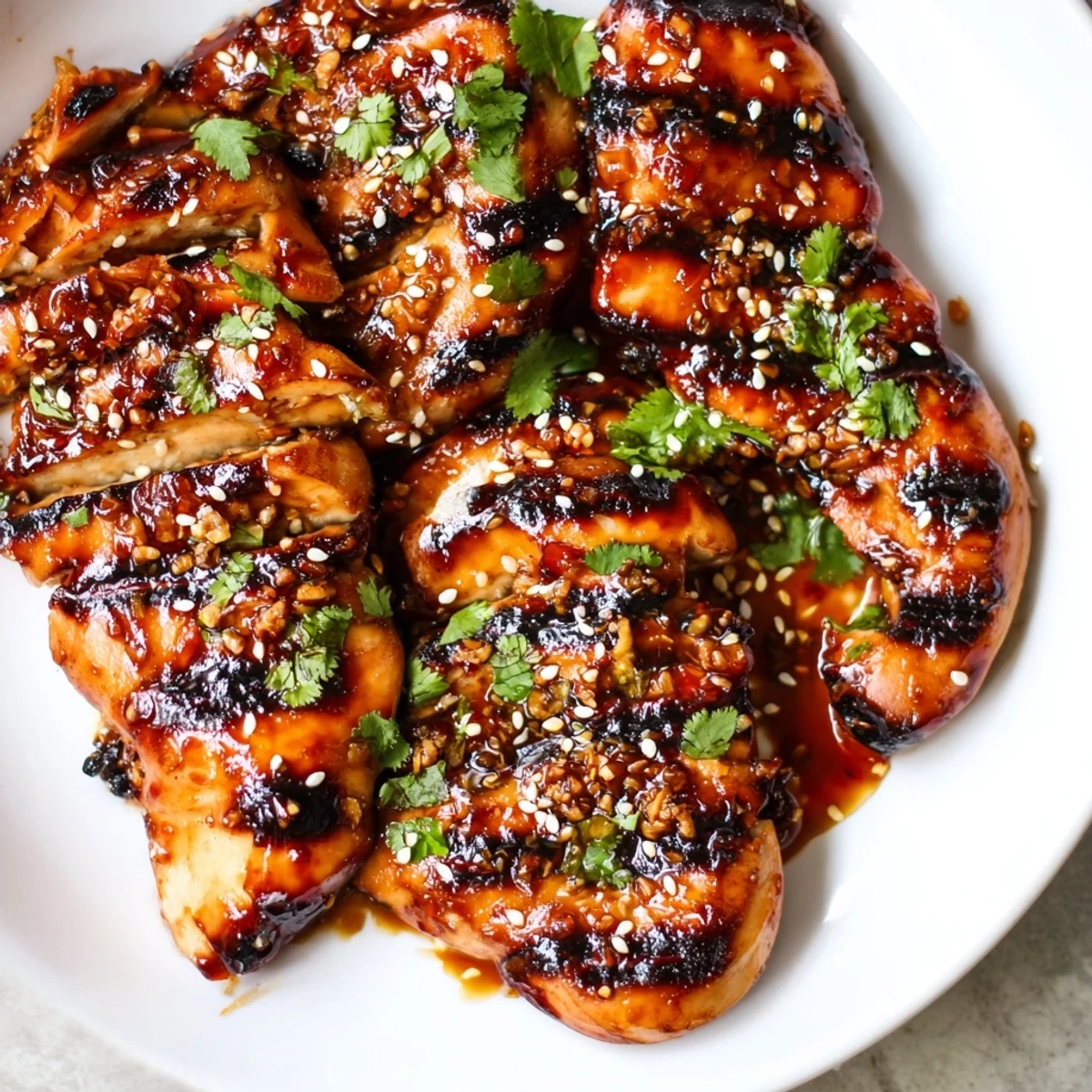 Sweet Chili Grilled Chicken with a glossy glaze, garnished with cilantro and sesame seeds on a rustic plate