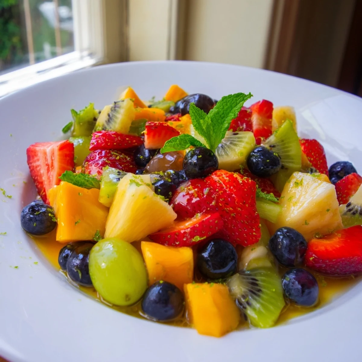 Colorful fruit salad with honey lime dressing served in a rustic white bowl