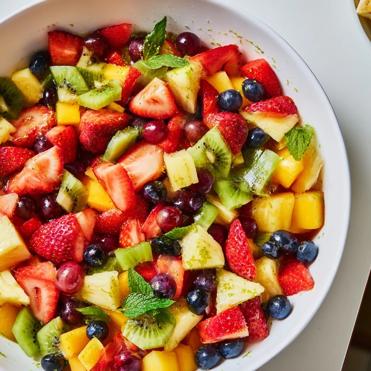 Fresh strawberries mango and kiwi coated in glossy honey lime dressing