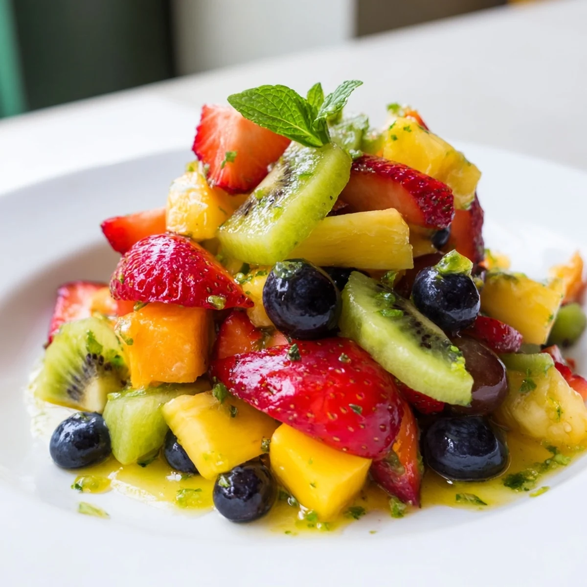 Vibrant fruit salad with honey lime dressing garnished with mint leaves