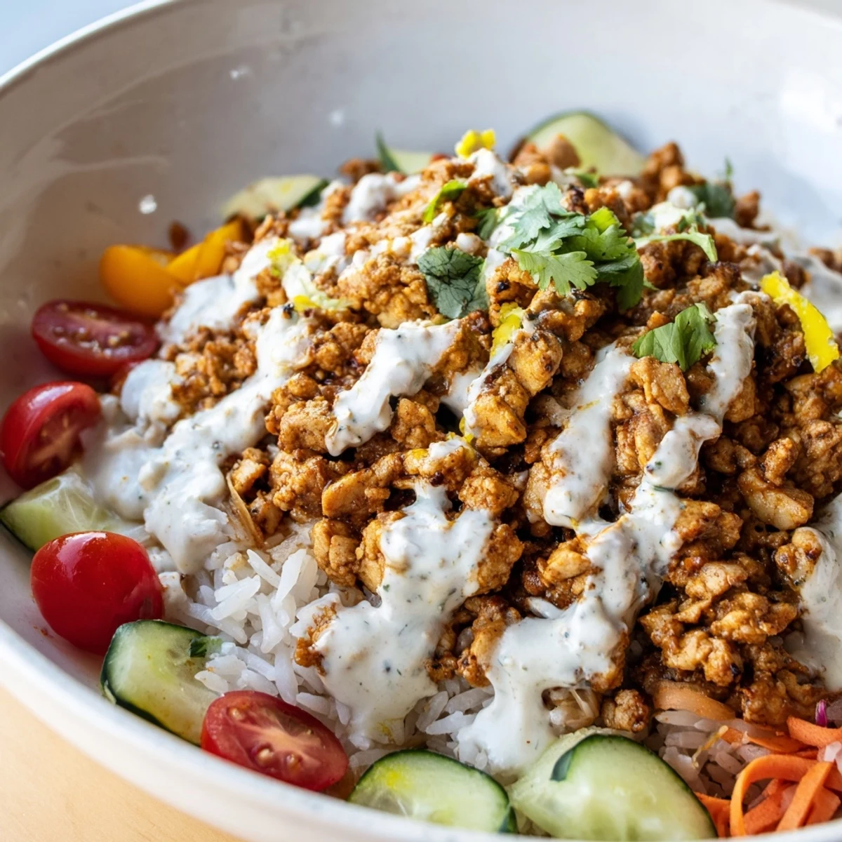 Spiced turkey rice bowls topped with colorful fresh vegetables and creamy sauce