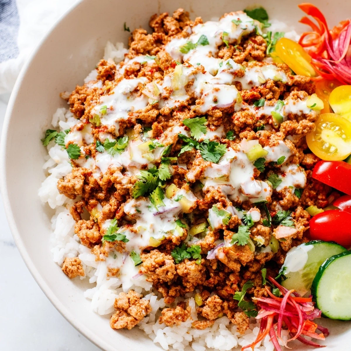 Aromatic spiced turkey rice bowls served over fluffy jasmine rice with crisp veggies