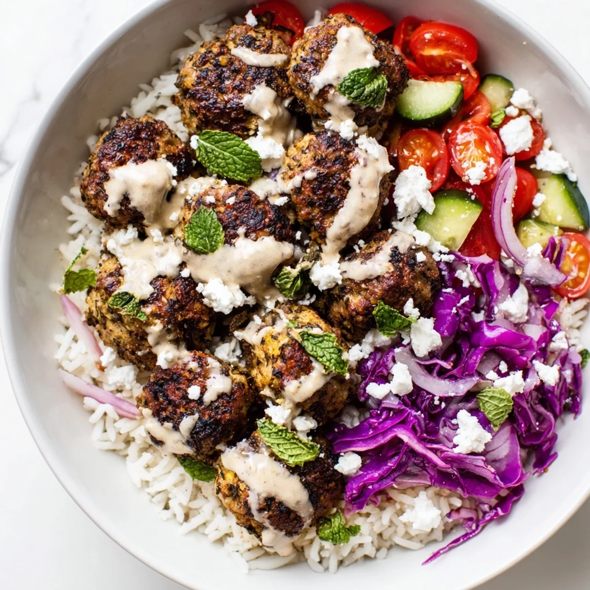 Golden zaatar-spiced turkey meatballs nestled over fluffy rice with crisp vegetables and creamy tahini drizzle in a vibrant Mediterranean bowl