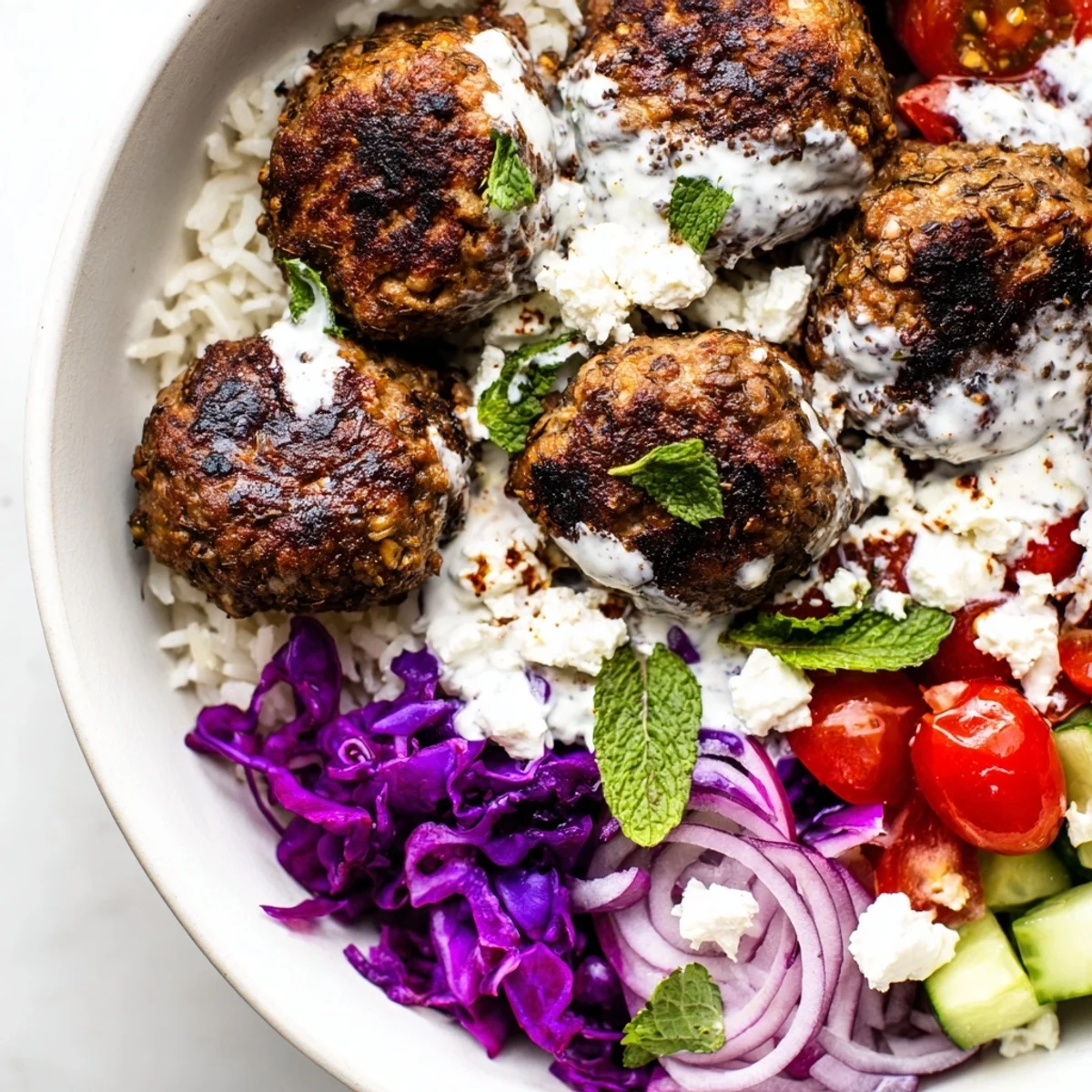 Creamy tahini sauce cascading over warm Mediterranean zaatar turkey meatball bowls loaded with fresh cucumber, tomatoes, and herbs