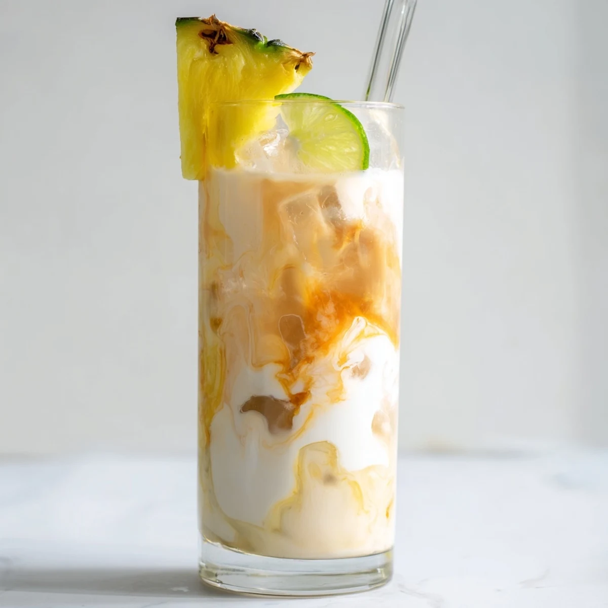 Fizzy Tropical Thunder Dirty Soda in a tall glass with pineapple and lime garnish