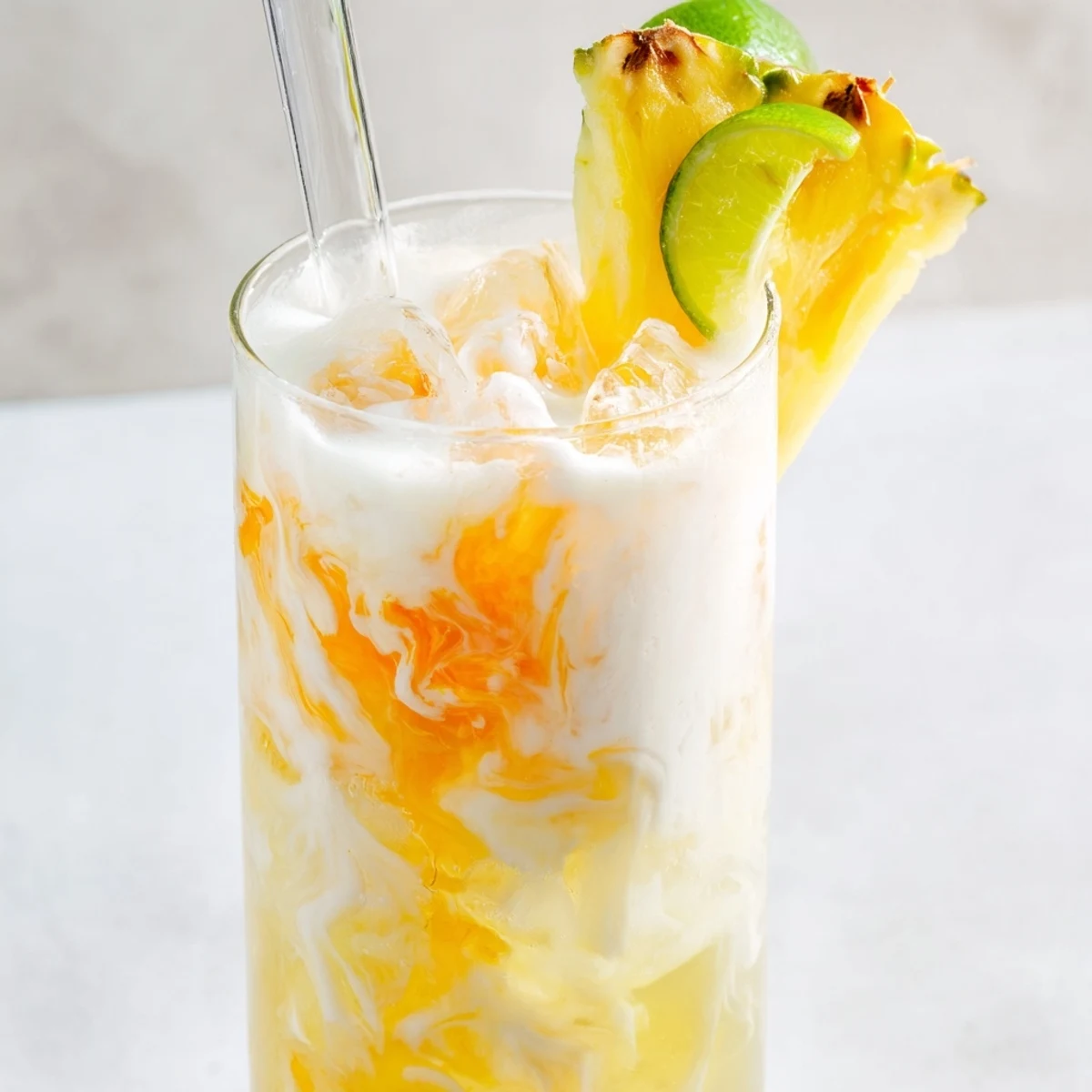 Tropical Thunder Dirty Soda swirled with creamy coconut and served over ice
