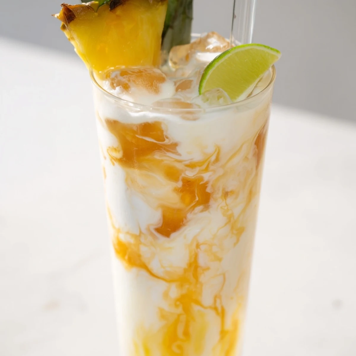 Refreshing Tropical Thunder Dirty Soda with marbled mango syrup and coconut cream layers