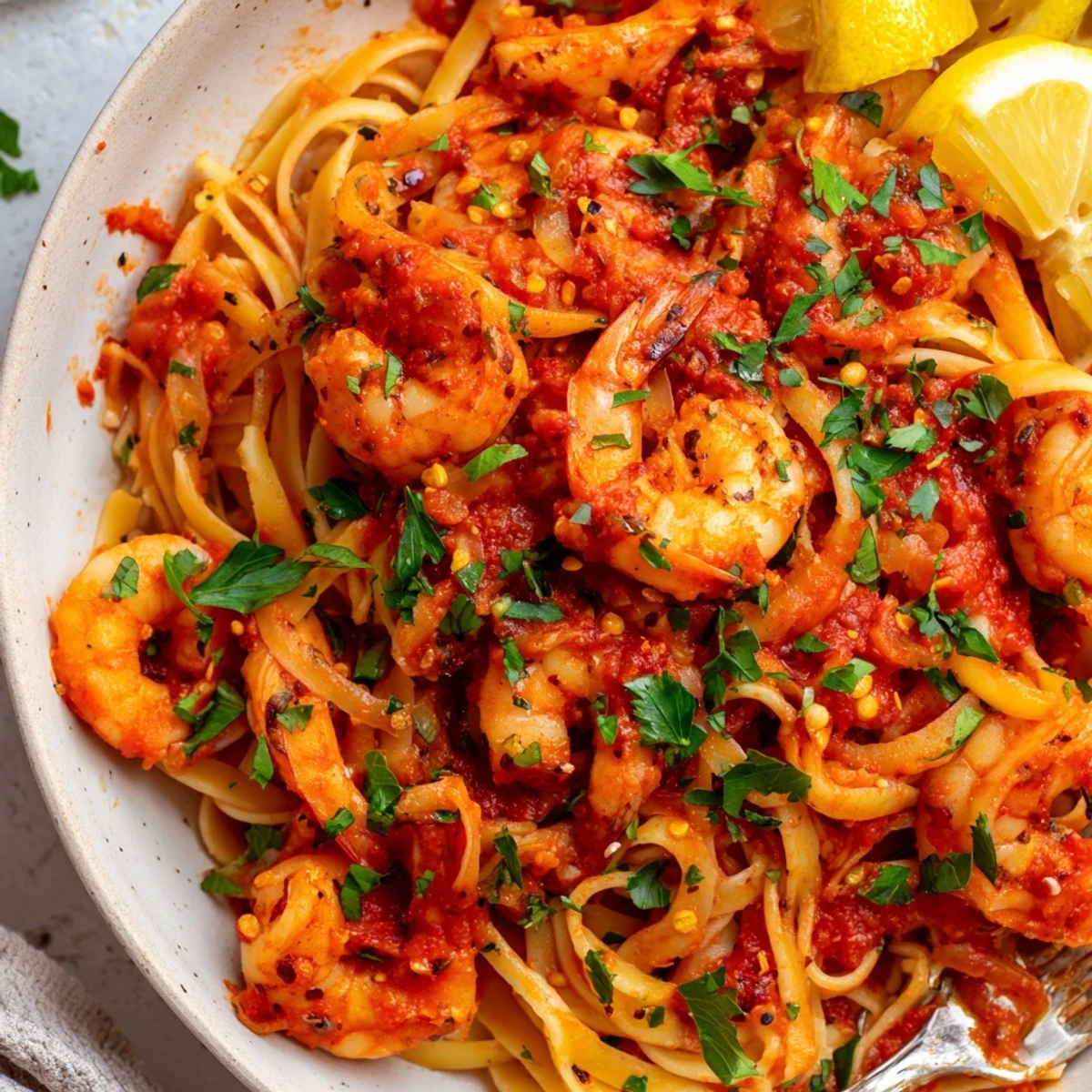 Succulent shrimp Fra Diavolo simmering in a fiery red tomato sauce with fresh parsley