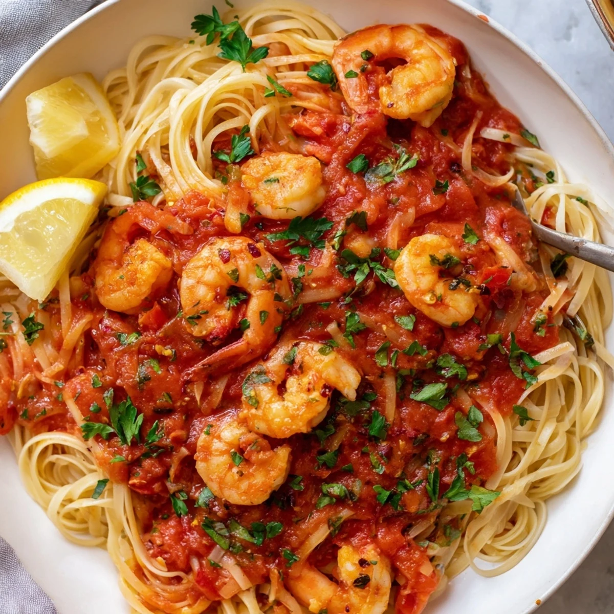 Plump garlic shrimp Fra Diavolo served over linguine with a dusting of red pepper flakes