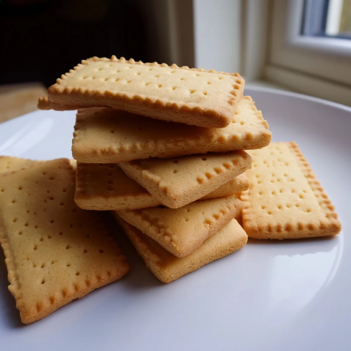 Buttery Petit Beurre cookies with fork prick marks stacked in a tin
