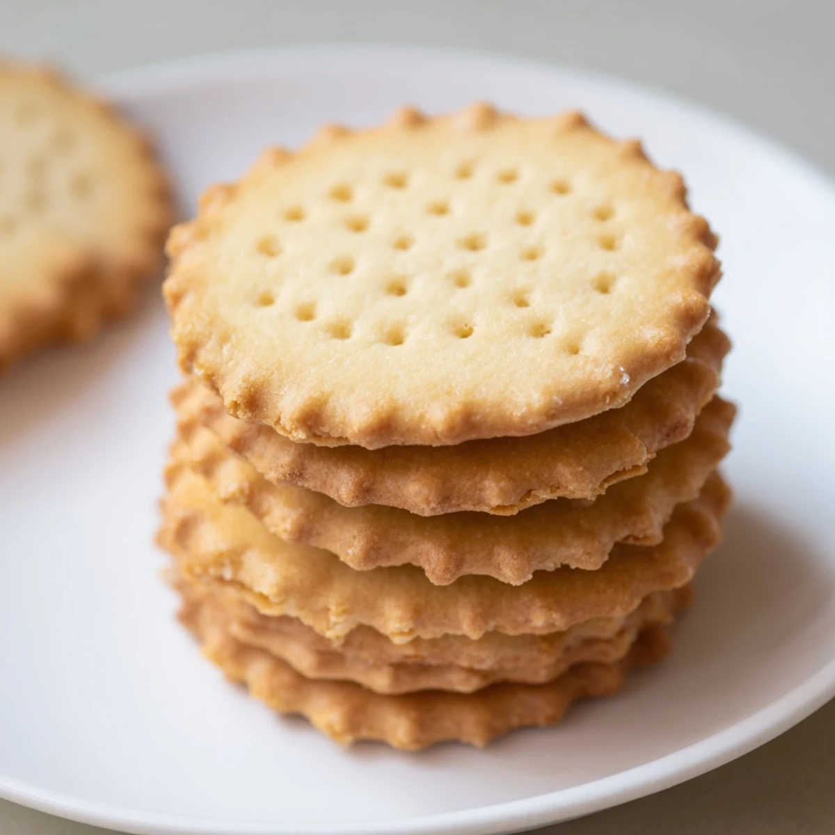 Petit Beurre biscuits arranged on a plate beside a steaming mug