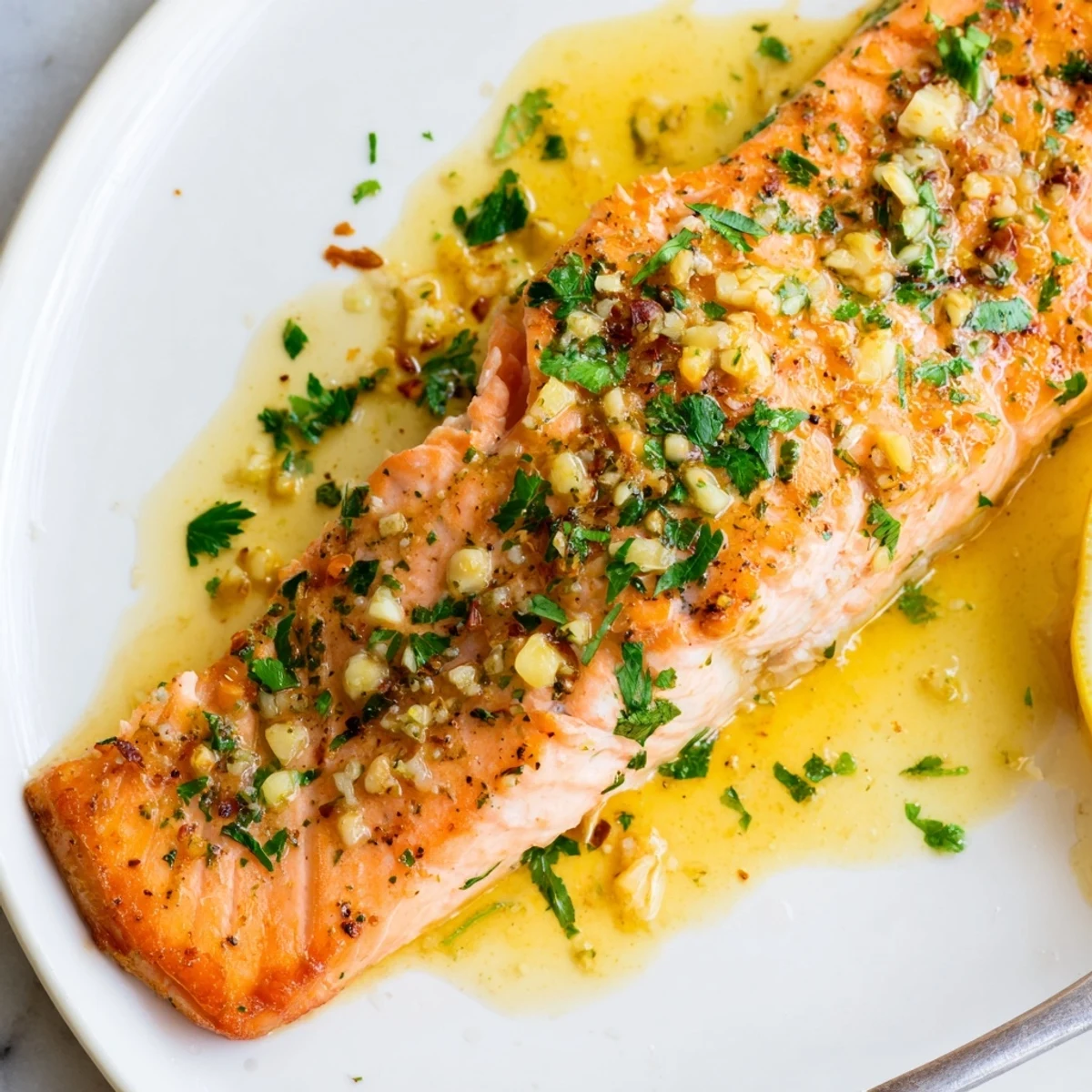 Golden garlic butter salmon fillet glistening in a rich, lemony skillet sauce