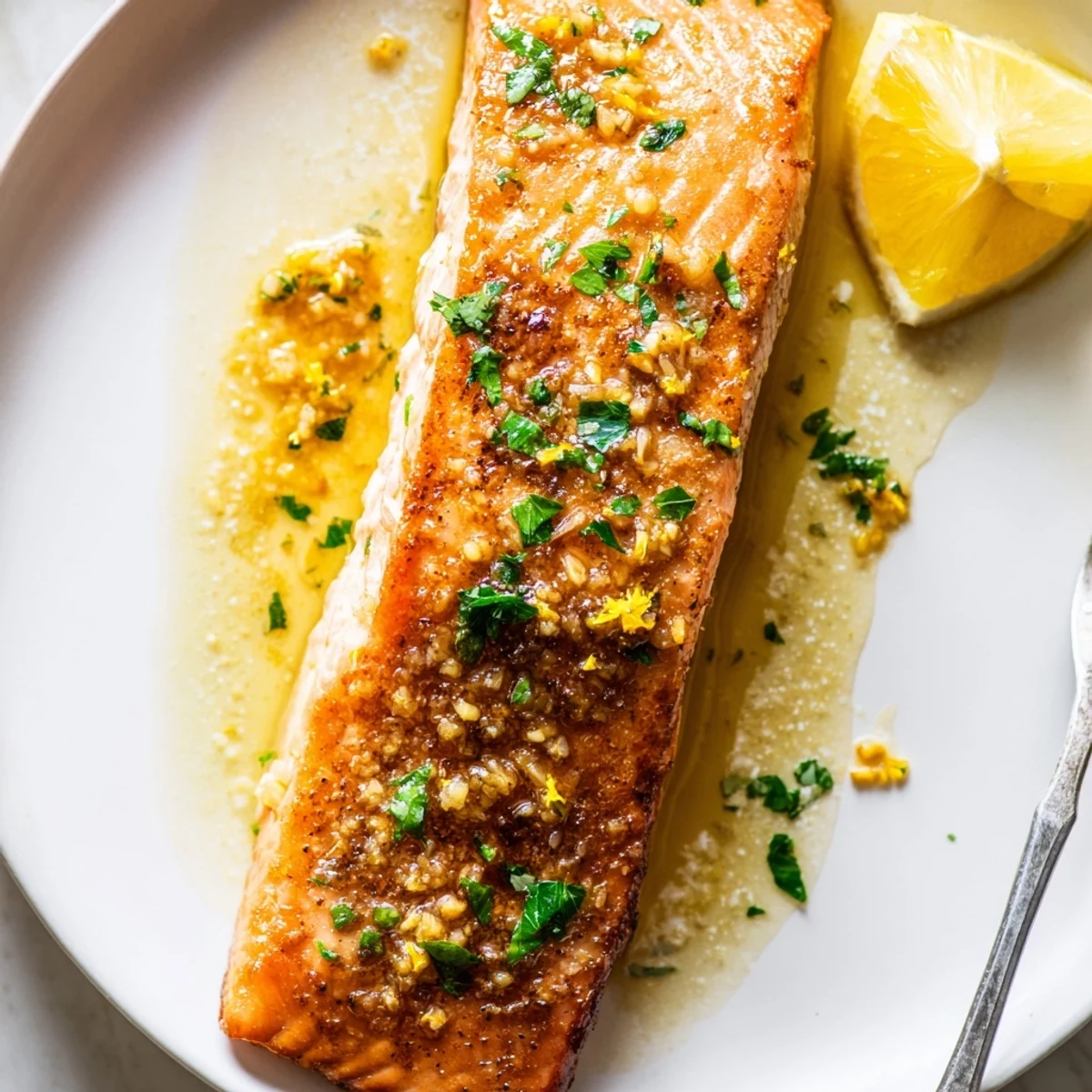 Sizzling garlic butter salmon plated with fresh parsley and bright lemon wedges