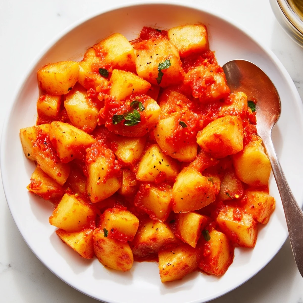 Steaming bowl of papas con chile with golden potatoes in rich red sauce