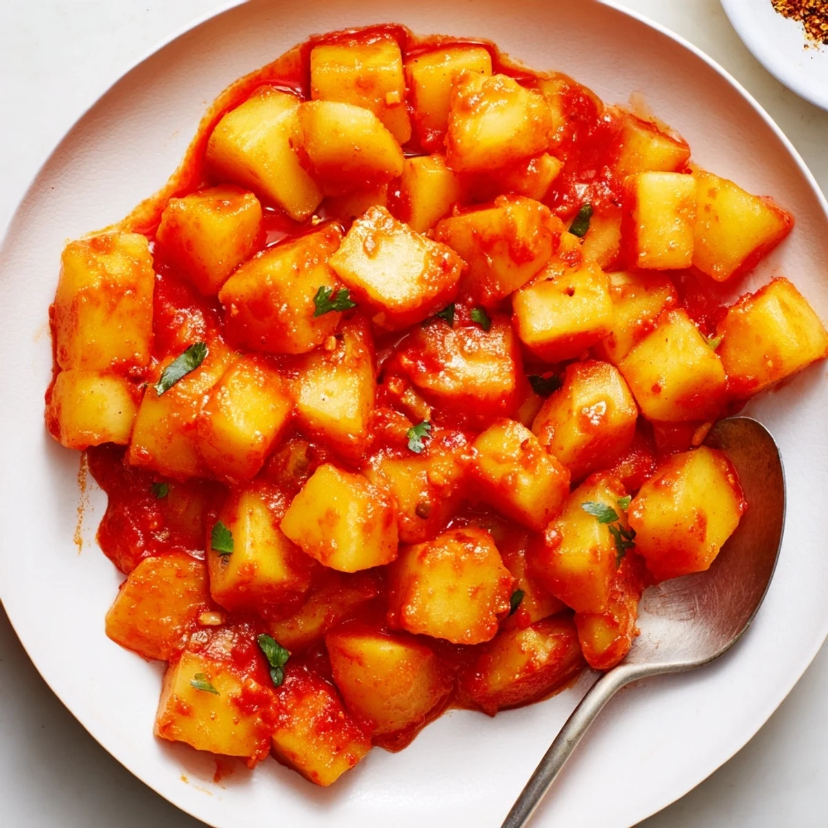 Creamy papas con chile served in a rustic bowl alongside warm tortillas