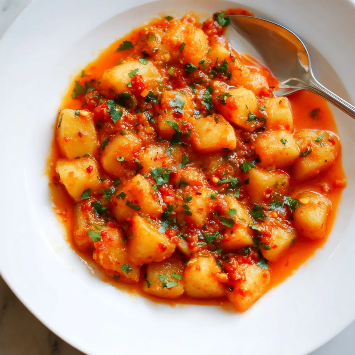 Crispy potato cubes smothered in spicy tomato chile sauce garnished with cilantro