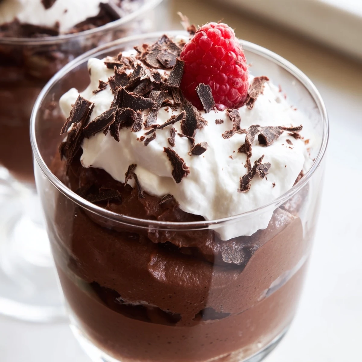 Creamy chocolate mousse served in elegant glasses topped with whipped cream
