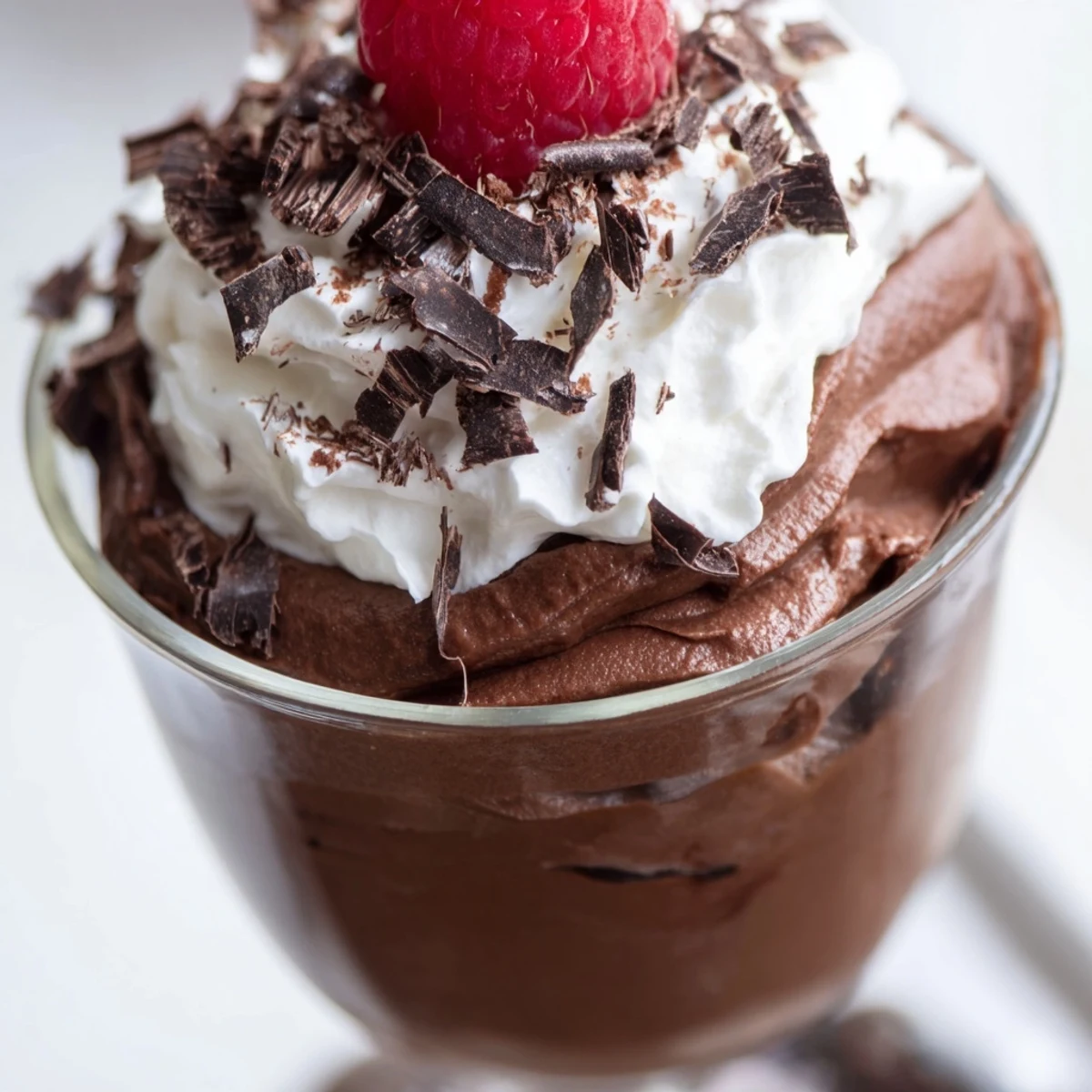 Velvety chocolate mousse garnished with dark chocolate shavings and fresh raspberries