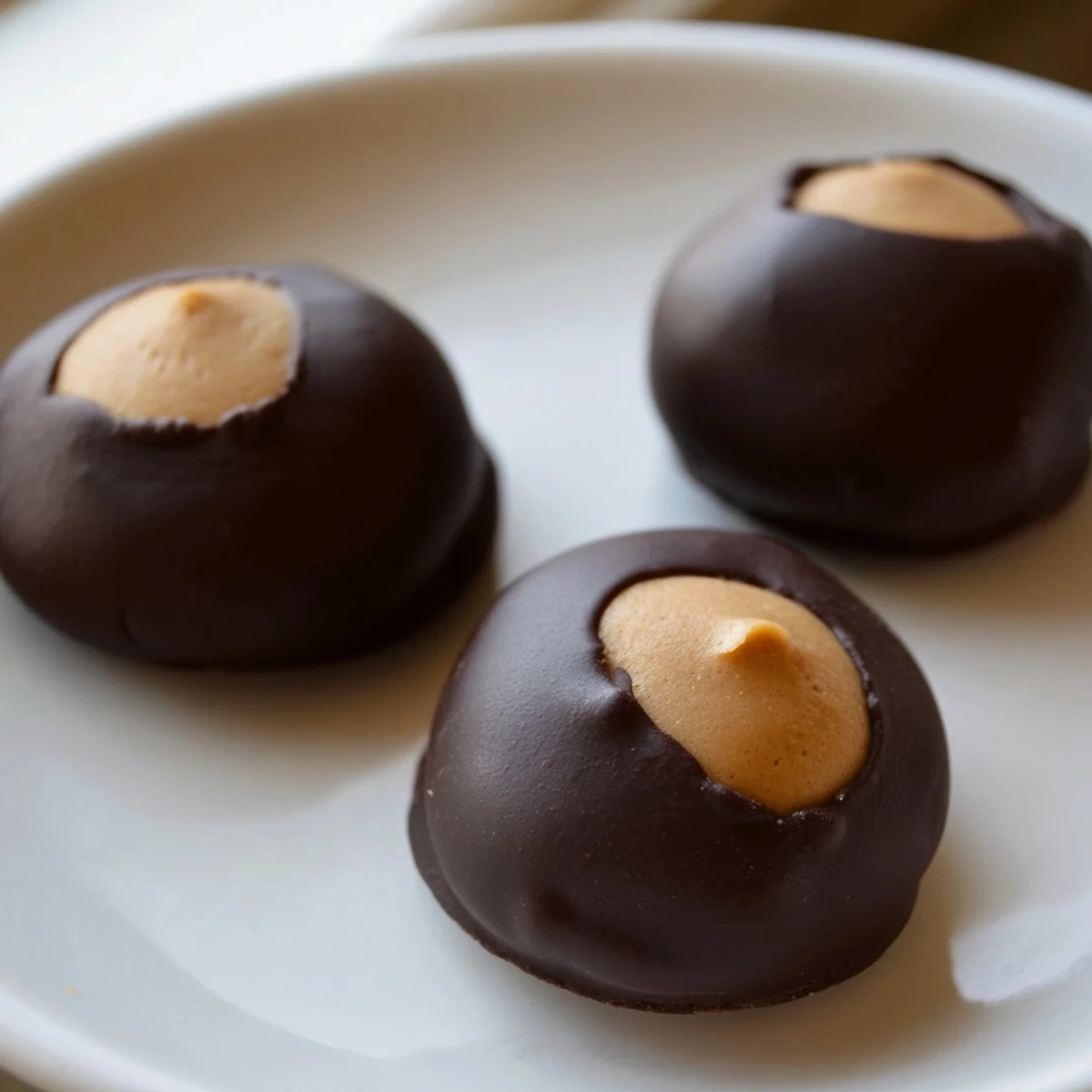 Golden peanut butter balls peeking through rich chocolate coating on these classic Buckeye Cookies