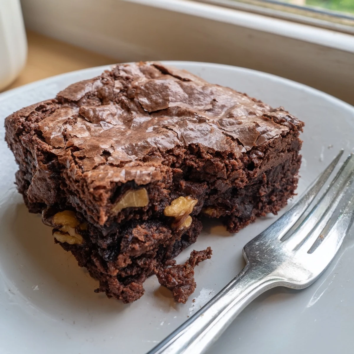 Fudgy homemade brownies with a crackly top, cut into rich chocolate squares