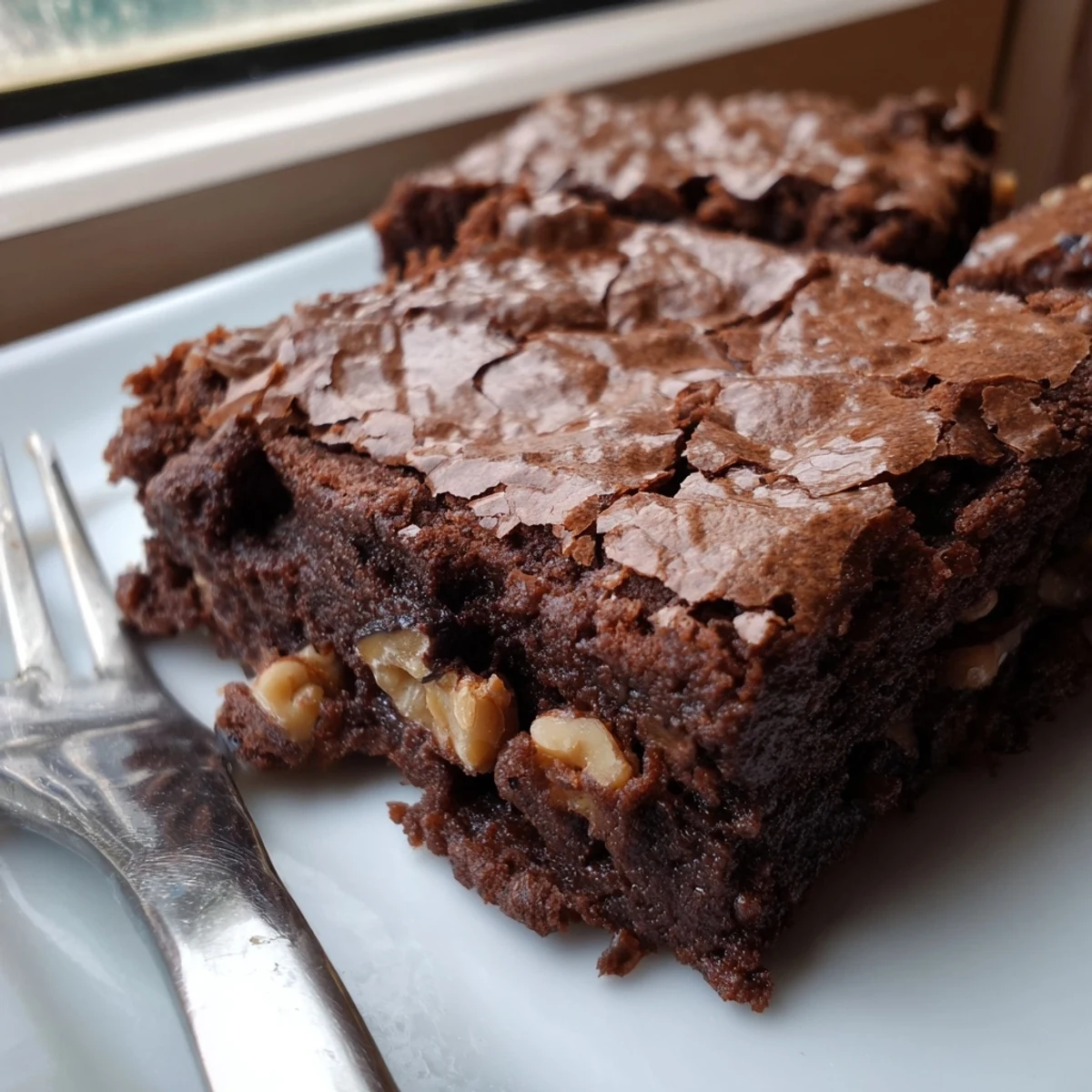Decadent dark chocolate brownies studded with walnuts, dusted with cocoa powder