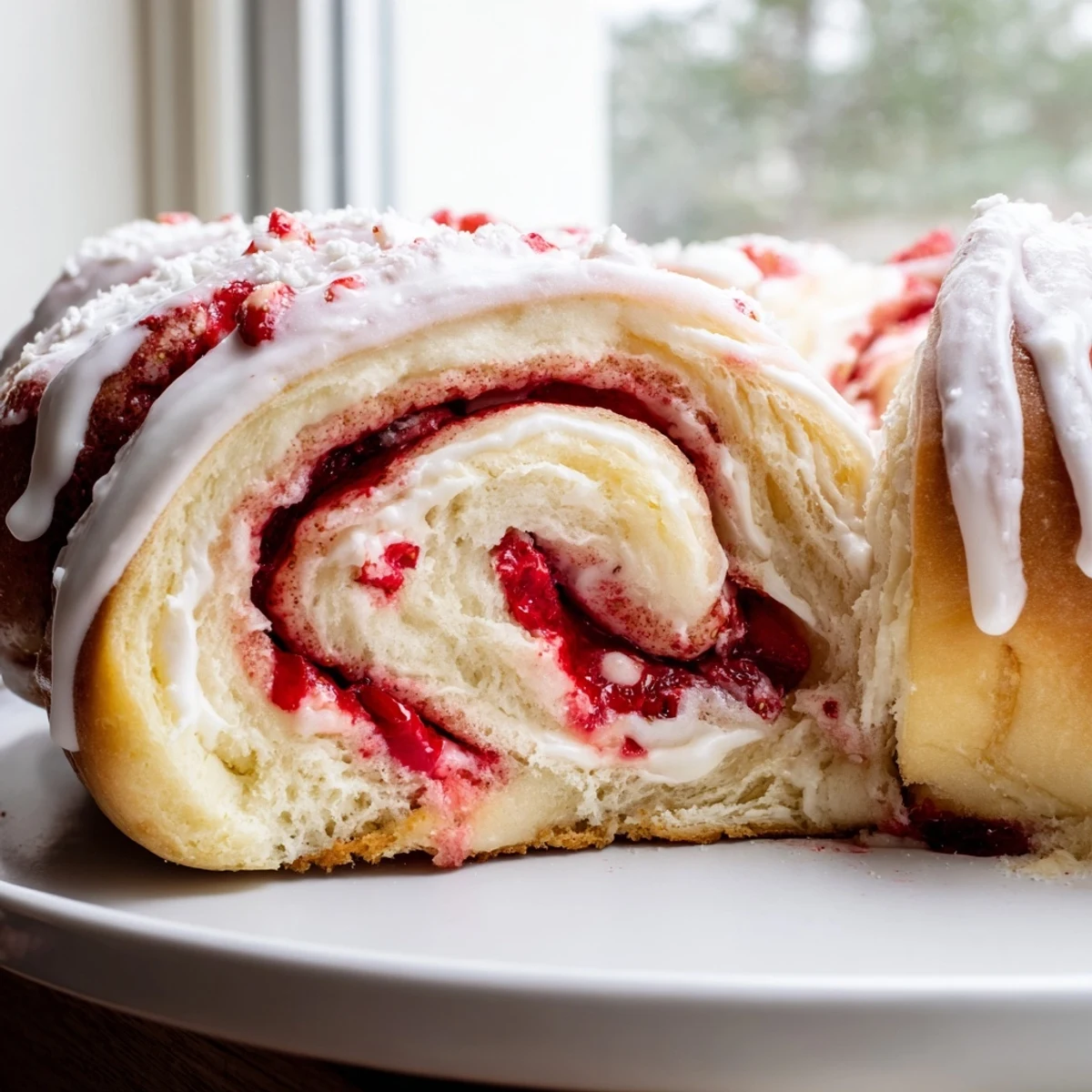 Soft strawberry cheesecake rolls with creamy filling drizzled in sweet vanilla glaze