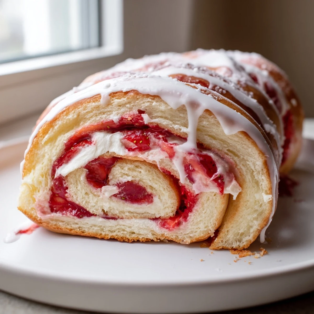 Warm strawberry cheesecake rolls topped with powdered sugar glaze on a baking dish