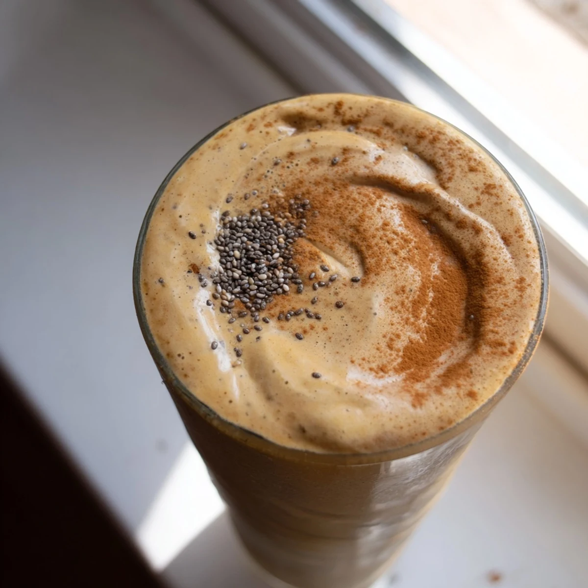Creamy banana protein coffee smoothie topped with a dusting of cinnamon in a tall glass