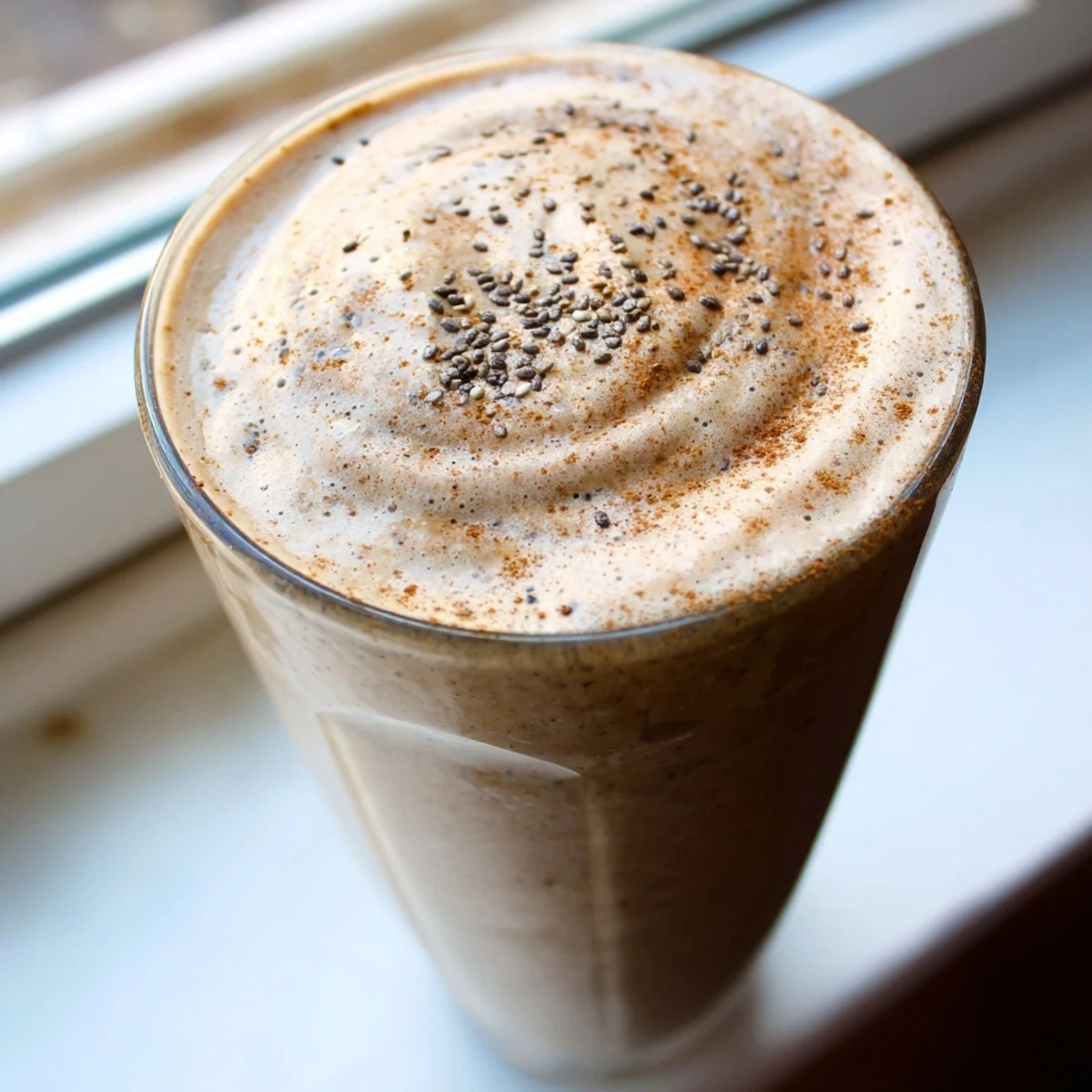 Frothy banana protein coffee smoothie garnished with chia seeds and served over ice