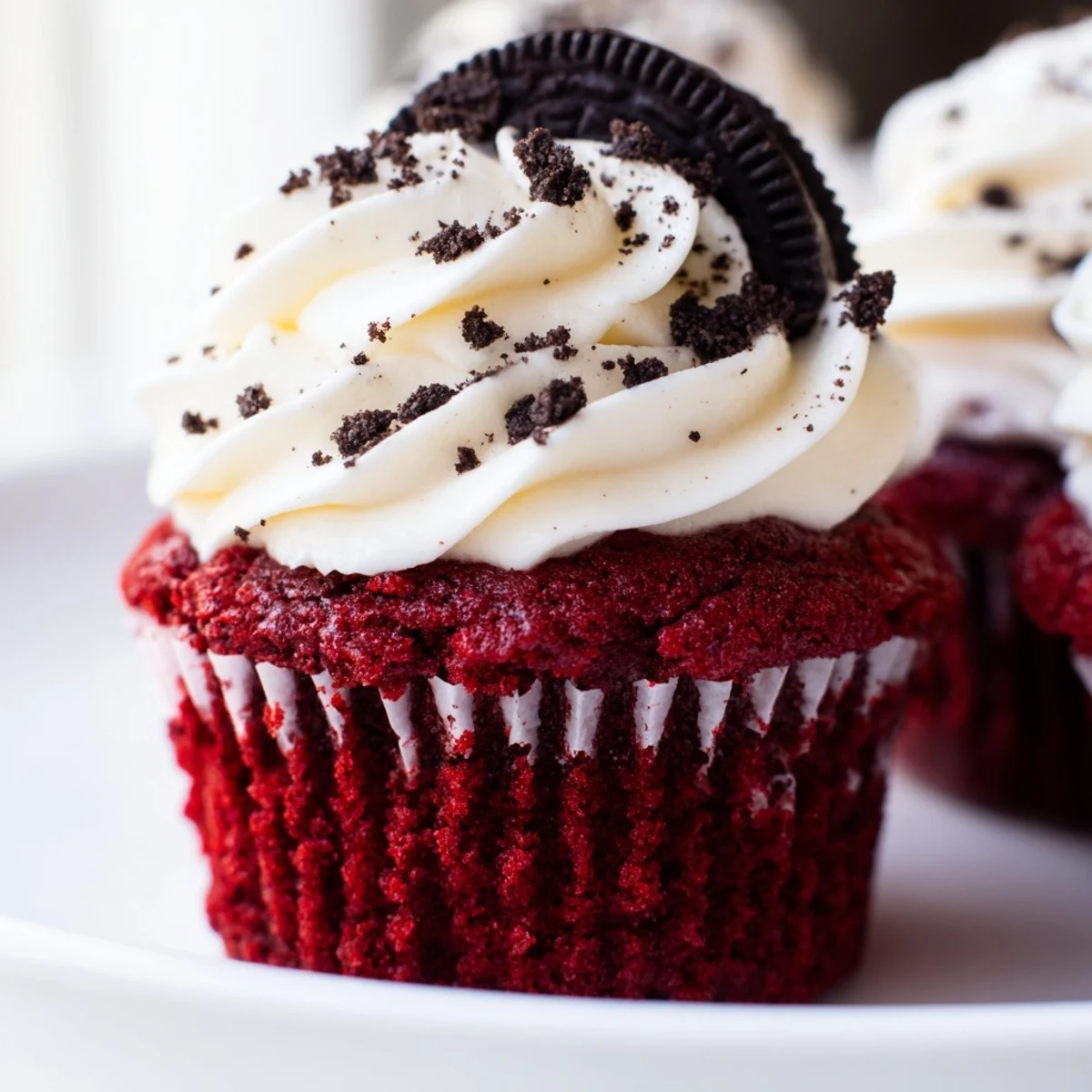 Rich red velvet Oreo cupcakes topped with creamy cookies and cream frosting on a rustic plate