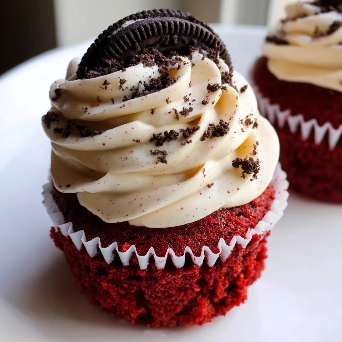 Moist red velvet Oreo cupcakes with swirls of tangy cream cheese frosting and cookie crumbs