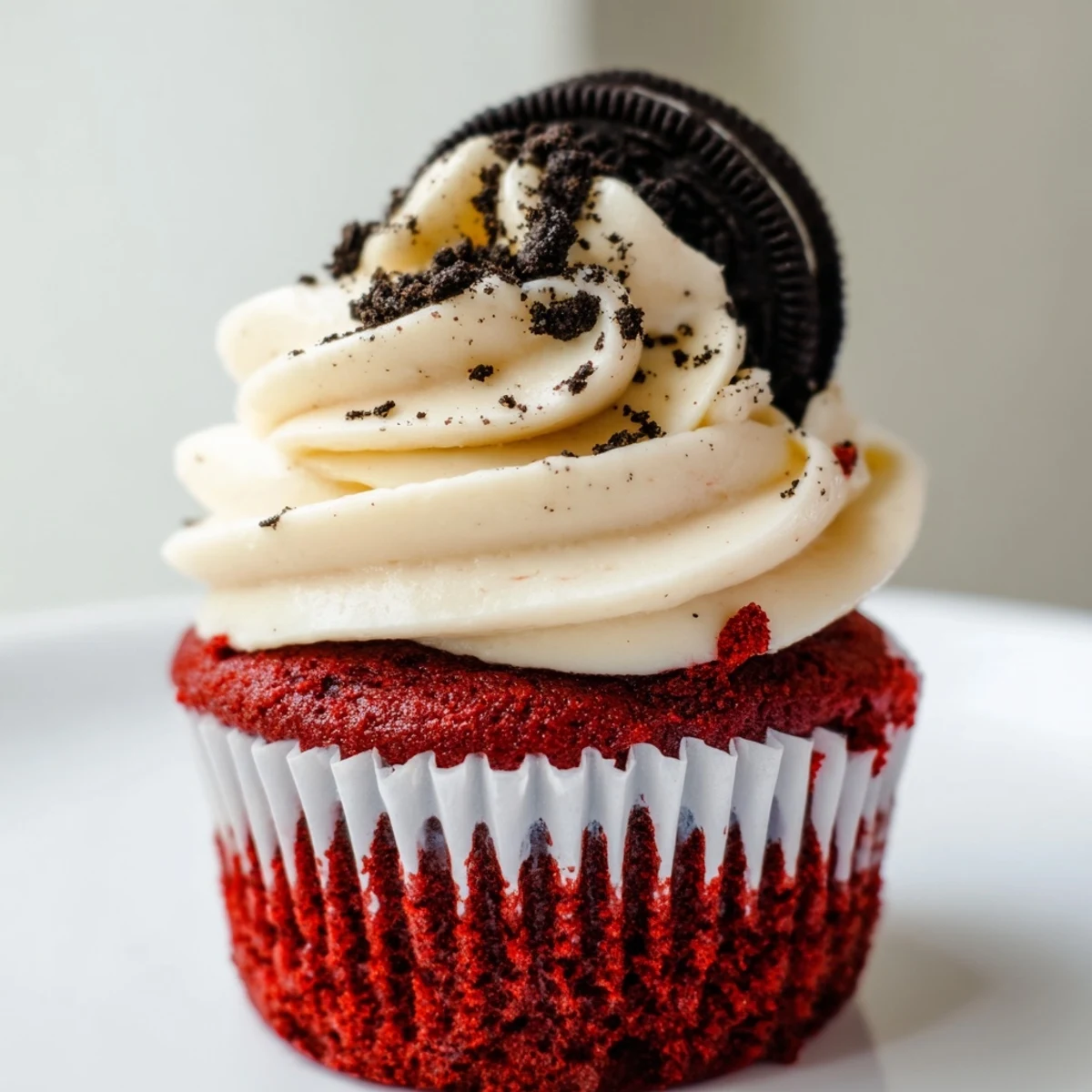 Decadent red velvet Oreo cupcakes piled high with fluffy frosting garnished with mini sandwich cookies