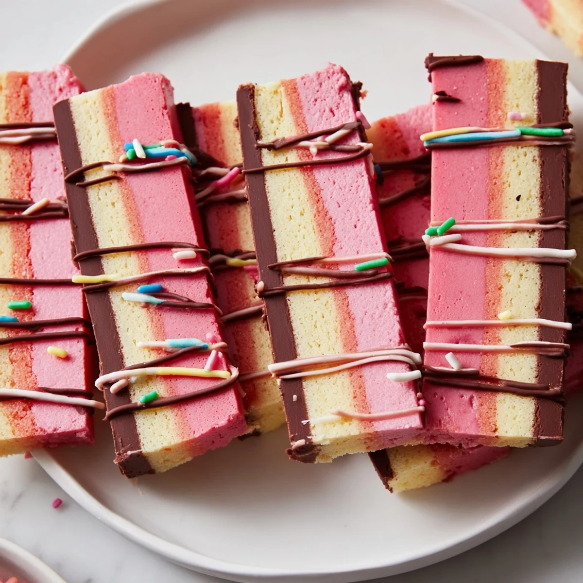 Neapolitan Cookies with chocolate, vanilla, and pink strawberry layers sliced into colorful squares