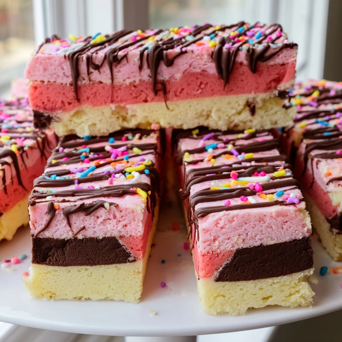 Freshly baked Neapolitan Cookies showing tri-color layers drizzled with melted semisweet chocolate