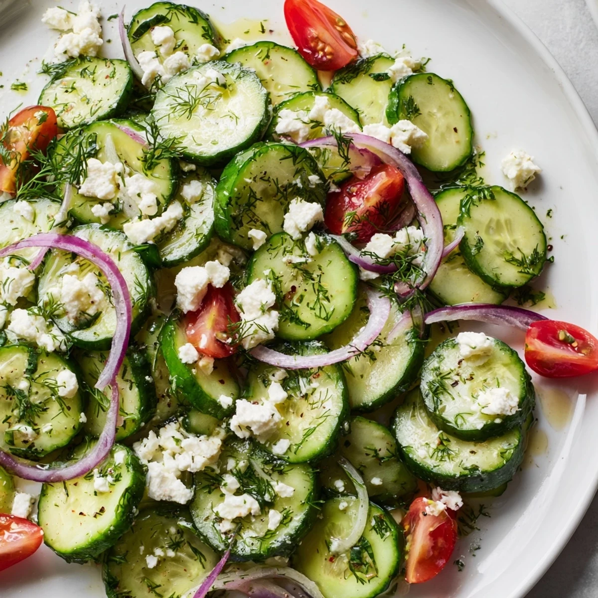 Crisp cucumber slices tossed with crumbled feta cheese and bright Mediterranean herbs in a shallow white bowl